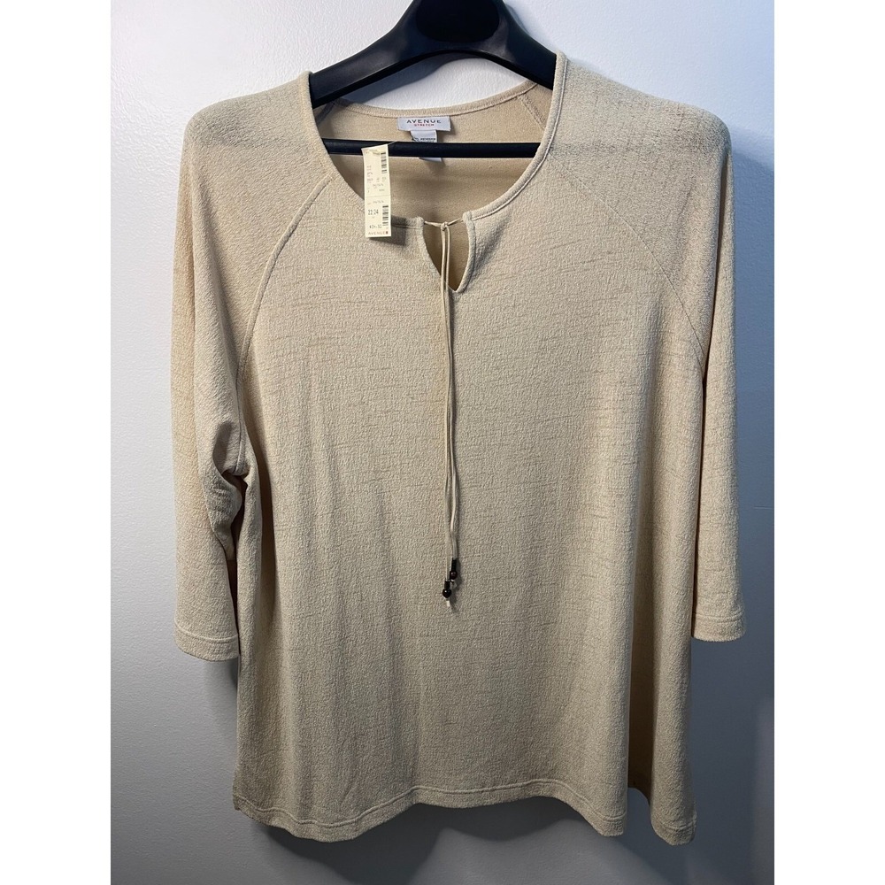 Avenue Stretch Beige Textured Keyhole Tie 3/4 Sleeve Blouse Top Plus Size 22/24